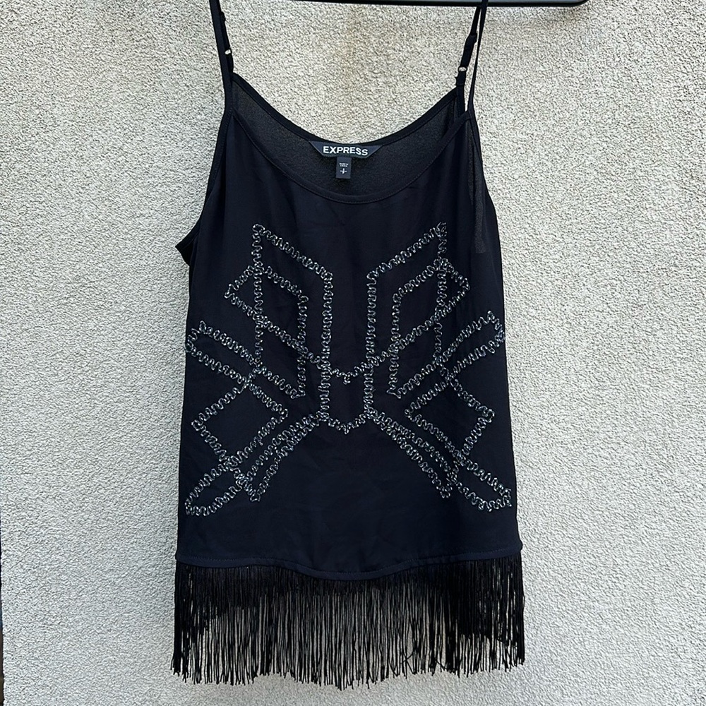 Express dress top with sequin and fringe. Adjustable straps